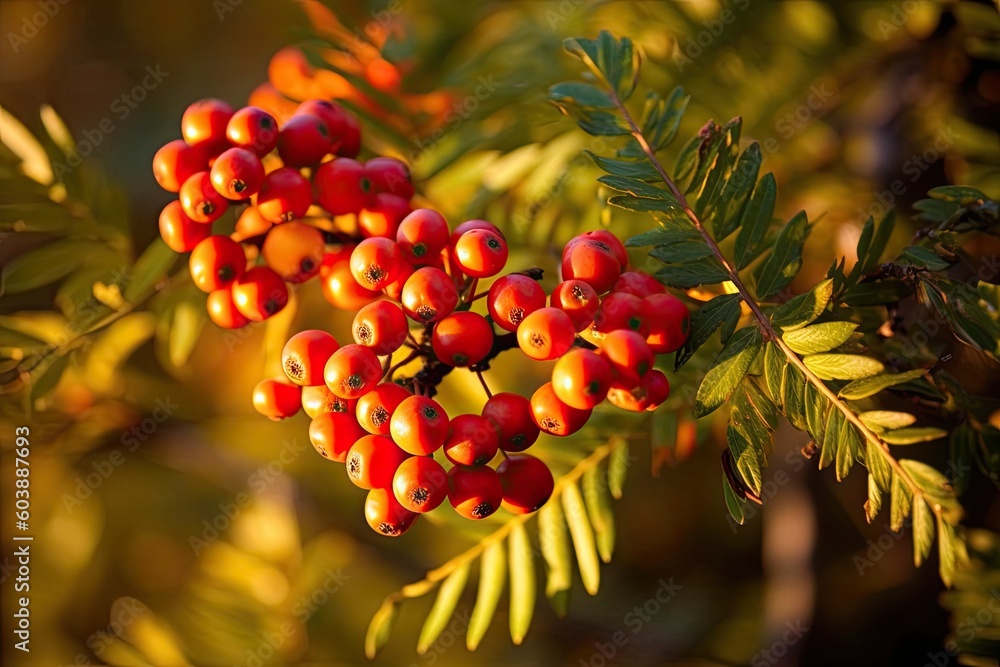 Poster berries hanging from a tree branch in a garden generative ai