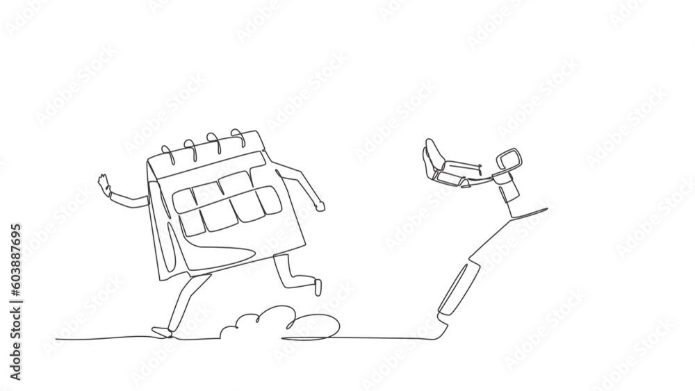 Poster animated self drawing of continuous line draw young astronaut run chasing calendar in moon surface. 