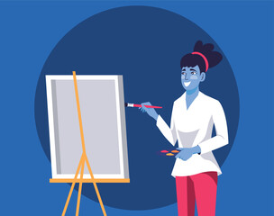 Woman painter character icon design blue background