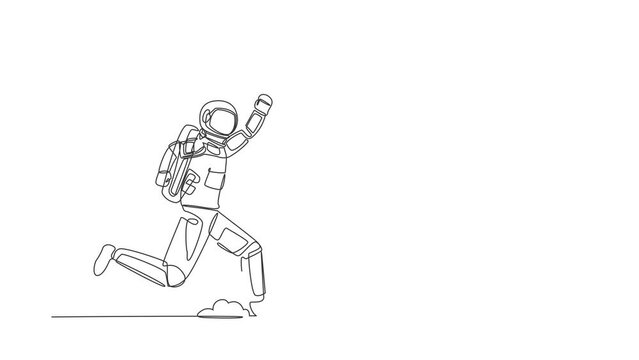 Animated self drawing of continuous line draw young astronaut run chasing paper cup in moon surface. Recycling waste treatment in outer space. Cosmonaut outer space. Full length single line animation