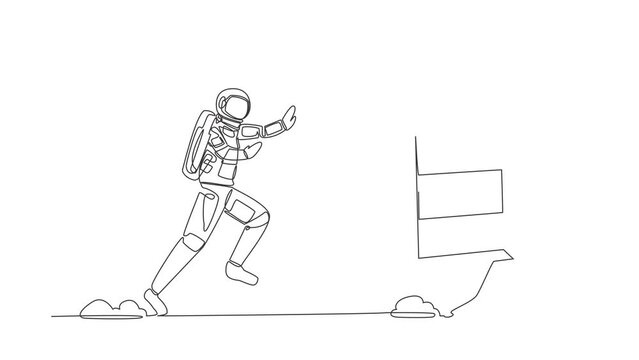 Self drawing animation of single line draw of astronaut run chasing safe deposit box in moon surface. Financial security protection. Cosmic galaxy space concept. Continuous line. Full length animated