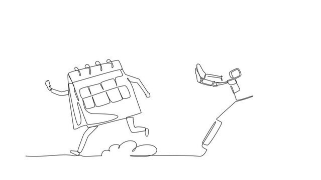 Animated self drawing of continuous line draw young astronaut run chasing calendar in moon surface. Spaceship launch schedule planning. Cosmonaut outer space concept. Full length single line animation