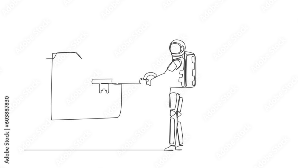 Poster self drawing animation of single line draw astronaut put key into folder icon. document protection a
