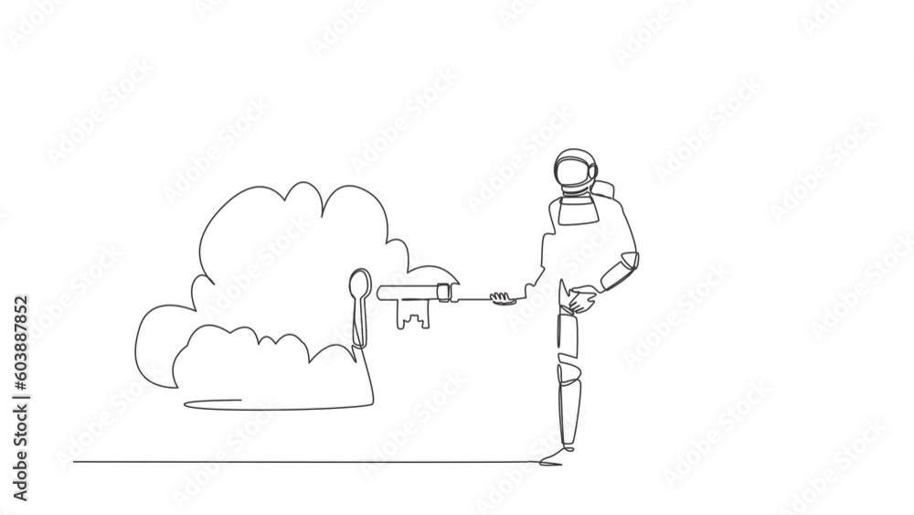Poster self drawing animation of single one line draw astronaut putting key into cloud. safety storage in s