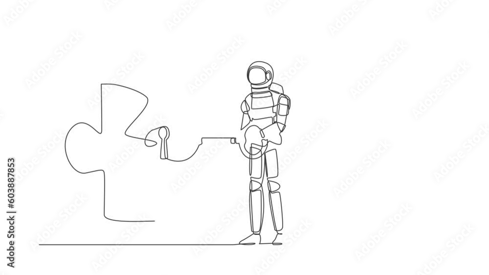 Poster animated self drawing of continuous line draw young astronaut putting key into puzzle piece. teamwor