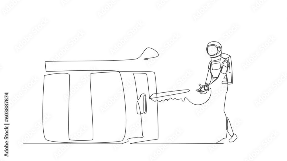 Aufkleber self drawing animation of single line draw of astronaut put key into gift box with ribbon. celebrati