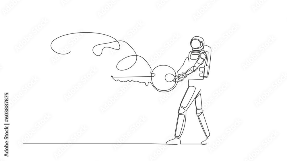 Poster animated self drawing of continuous line draw astronaut putting key into brain in moon surface. unlo