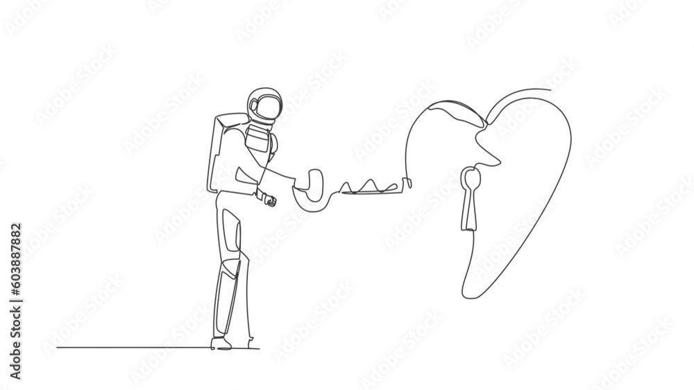 Poster self drawing animation of single line draw astronaut putting key into heart in moon surface. spacema