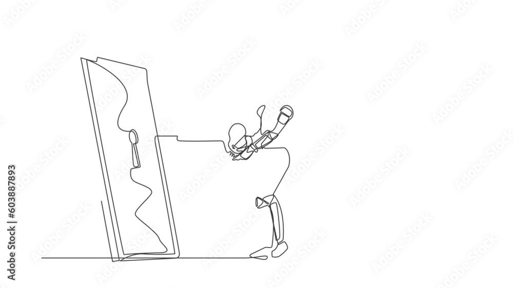 Poster animated self drawing of continuous line draw astronaut put key into smartphone. data privacy for sp