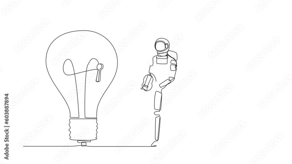 Poster self drawing animation of single one line draw astronaut put key into light bulb. unlock innovation 
