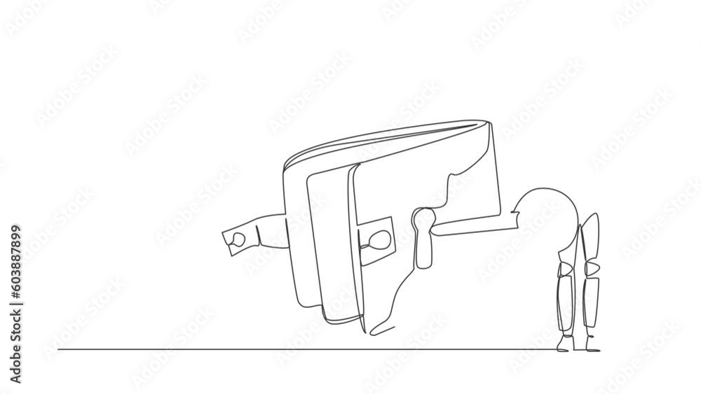 Poster animated self drawing of continuous line draw of astronaut put key into wallet. money protection and