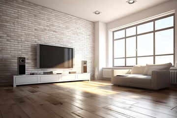 Obraz premium modern living room with a white sofa and a large flat screen television Generative AI