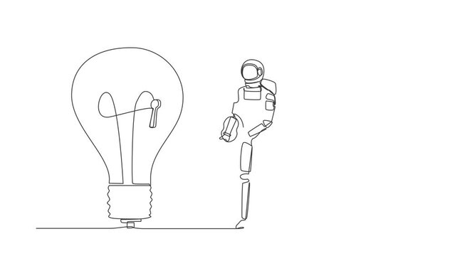 Self drawing animation of single one line draw astronaut put key into light bulb. Unlock innovation on spaceship business idea. Technology. Cosmic galaxy space. Continuous line. Full length animated