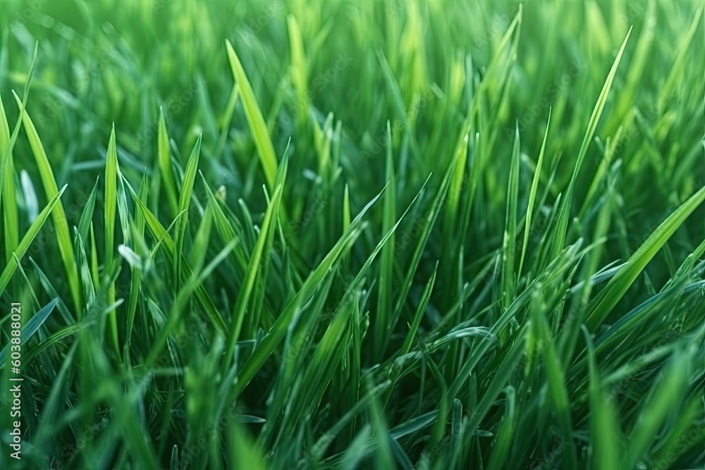 Poster close up of a lush green grass field with dew drops generative ai