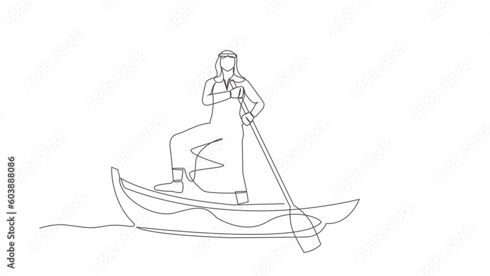 Poster animated self drawing of continuous line draw arab businessman sailing away on boat with pile of boo