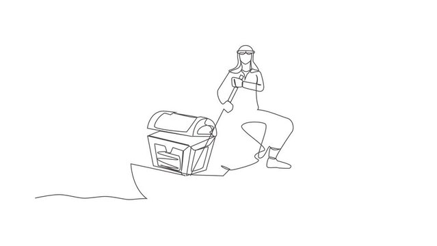 Self drawing animation of single one line draw Arab businessman sailing away on boat with treasure chest. Money laundering. Criminal stole golden coins. Continuous line draw. Full length animated