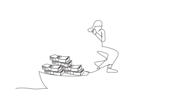 Animated self drawing of continuous line draw Arab businessman sailing away on boat with pile of banknote. Escape with money. Crime, tax evasion, money laundering. Full length one line animation