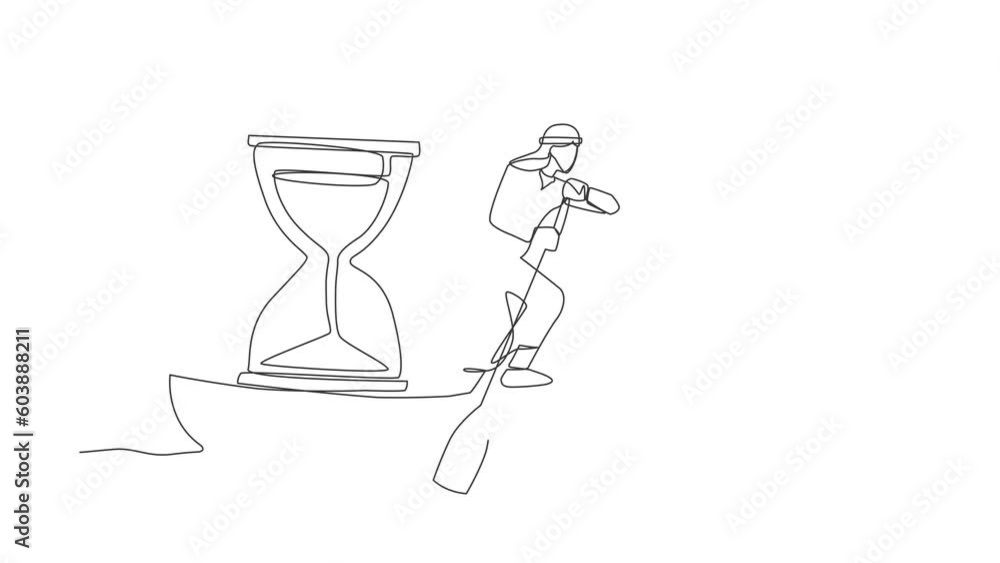 Poster self drawing animation of single line draw arab businessman sailing away on boat with hourglass. wor