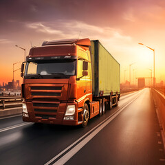 Fototapeta na wymiar Container truck on highway during sunset. Trucking and transportation logistics. Generative AI.