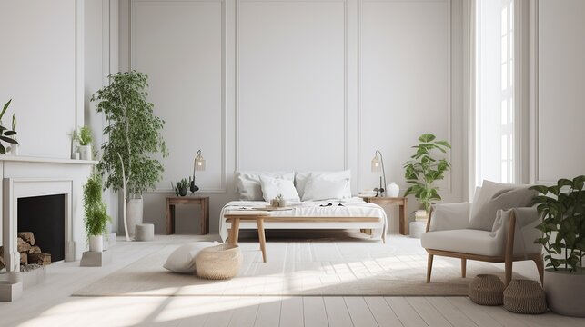 Coastal style living room with indoor plants, Scandi interior design AI generated © NoLimitStudio
