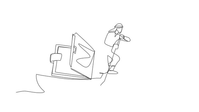 Self drawing animation of single one line draw Arab businessman sailing away on boat with wallet. Worker with financial problem due to crisis. Lack of money. Continuous line draw. Full length animated