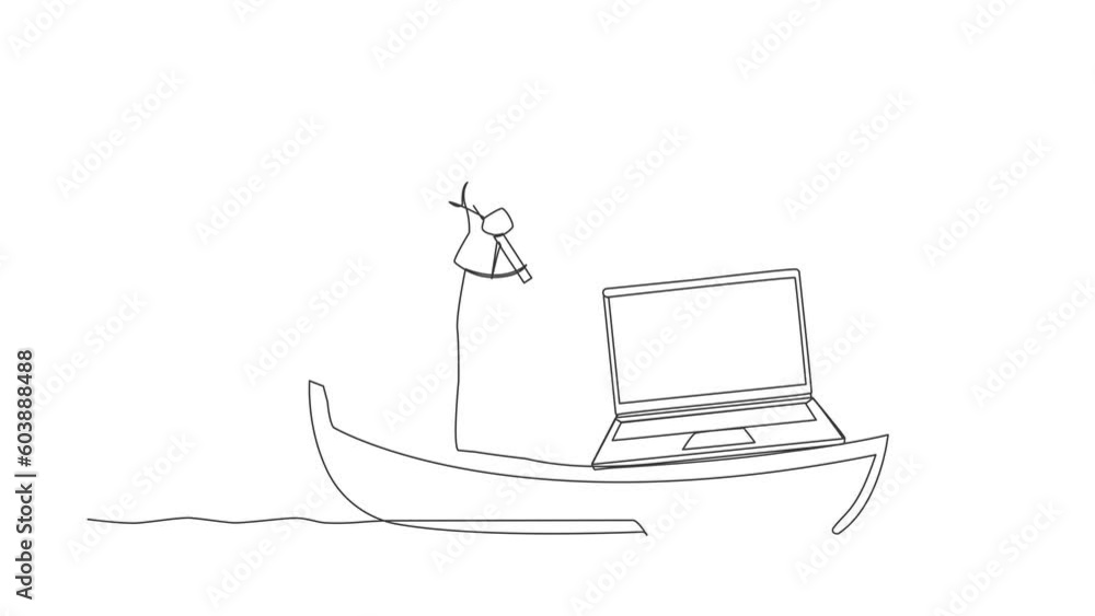 Poster animated self drawing of continuous line draw businesswoman sailing away on boat with laptop compute