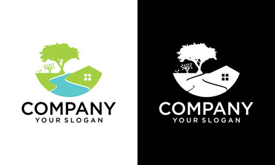 Green Wood Resident Vector Logo Template. Design template of two trees incorporate with a house that made from a simple scratch. It's good for symbolize a property or wooden housing business.