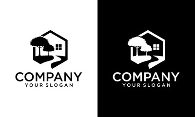 Home tree logo icon, green house logo design