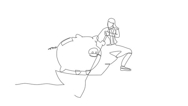 Animated self drawing of continuous line draw businesswoman sailing away on boat with piggy bank. Saving money for financial management. Investment for personal use. Full length single line animation