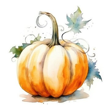 Pumpkin in watercolor style with ink outline on white background (generative AI)