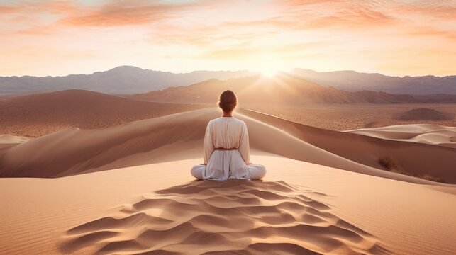 Sitting and meditating in the desert for spiritual awakening. (Generative AI)