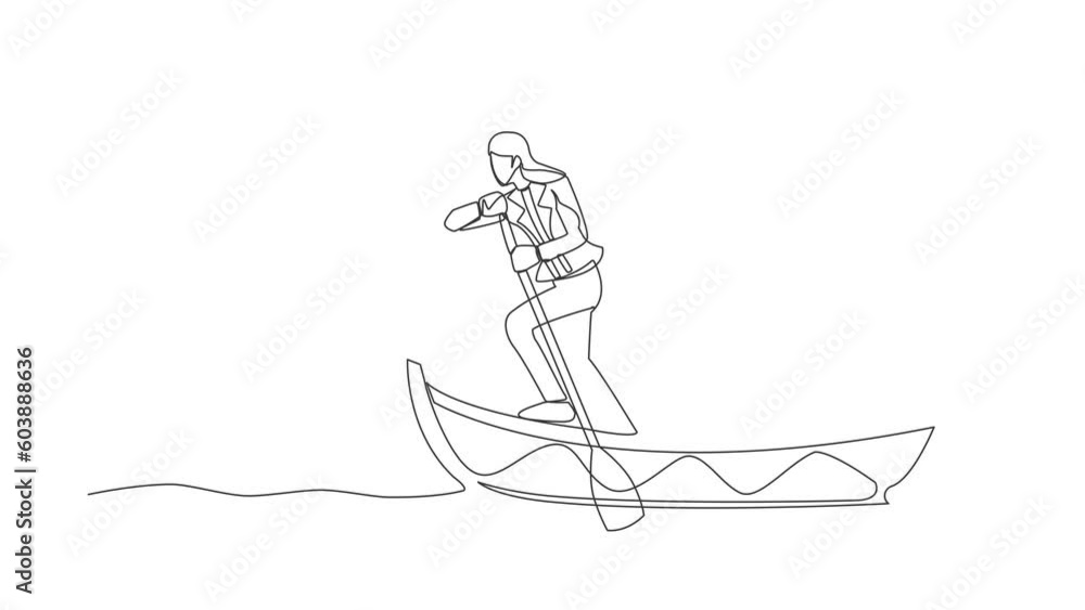 Poster animated self drawing of continuous line draw businesswoman standing in boat sailing with hourglass.