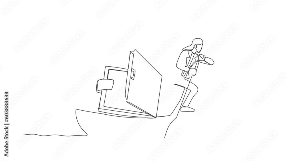 Poster animated self drawing of continuous line draw businesswoman standing in boat and sailing with open w