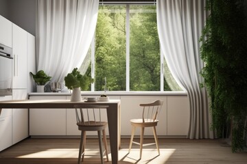 Fototapeta premium cozy kitchen with a table and chairs by a sunny window Generative AI
