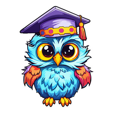 Owl Graduation ceremony Bird Cartoon, graduation gown, animals, square Academic Cap, Colorful Whimsical owl modern pop art style, Whimsical owl illustration, simple creative design.
