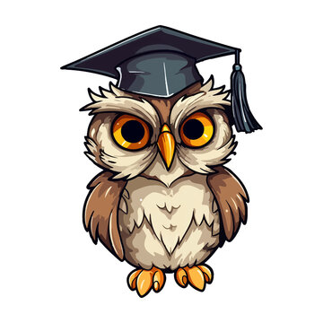 Owl Graduation ceremony Bird Cartoon, graduation gown, animals, square Academic Cap, Colorful Whimsical owl modern pop art style, Whimsical owl illustration, simple creative design.