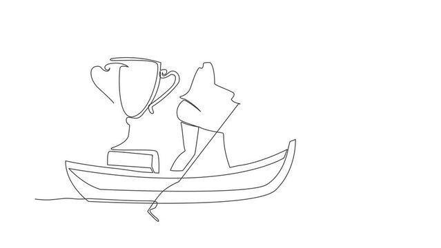 Self drawing animation of single line draw businessman standing in boat sailing with trophy. Water sports competition. Sailing championship recognition. Continuous line draw. Full length animated