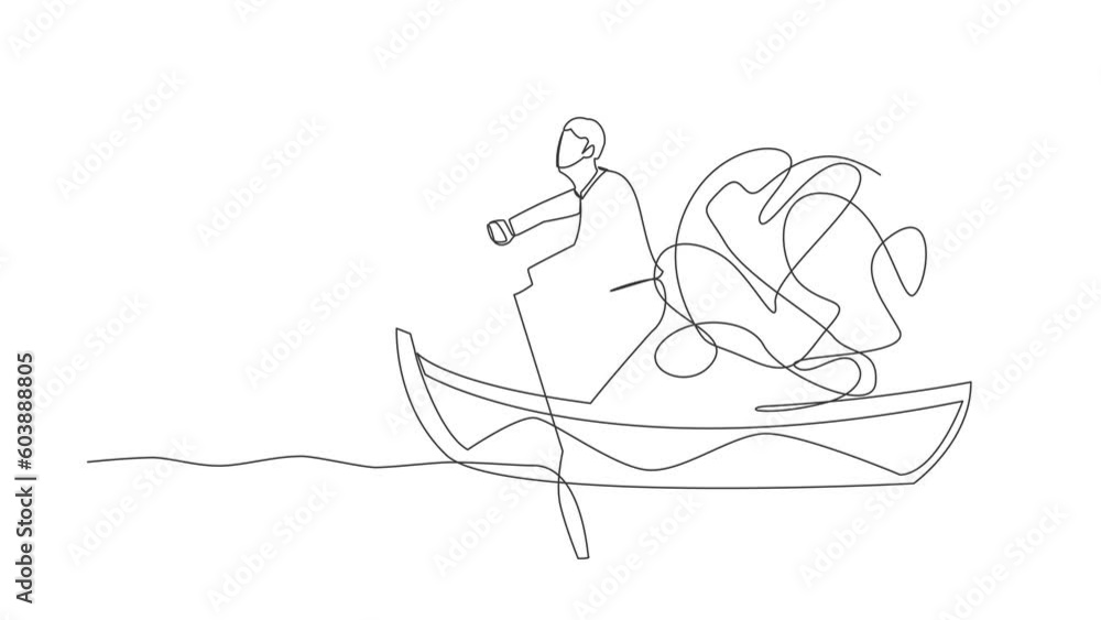 Poster animated self drawing of single continuous line draw businessman standing in boat and sailing with m