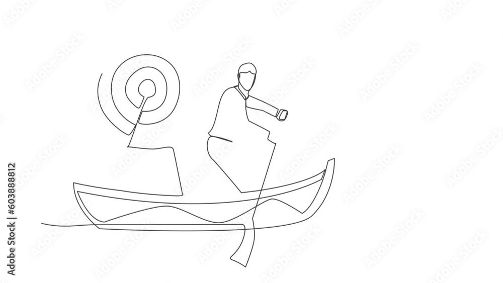 Poster self drawing animation of single line draw businessman standing in boat sailing with dartboard targe