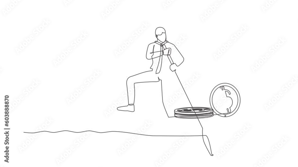 Aufkleber animated self drawing of continuous line draw businessman standing in boat and sailing with pile of 