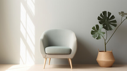 Elegant coastal style living room with grey armchair and indoor plant, Scandi interior design, AI generated