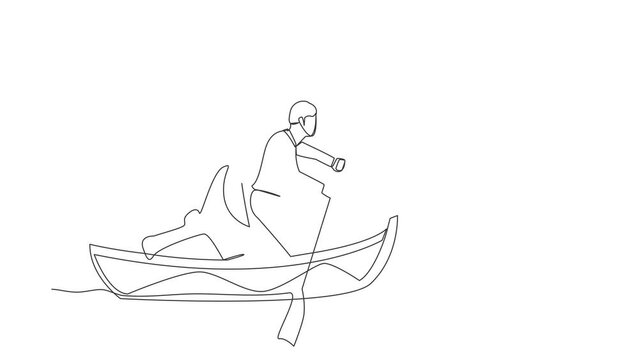 Self drawing animation of single line draw Arabian businessman sailing away on boat with megaphone. Command, control through megaphone, leadership and teamwork. Continuous line. Full length animated