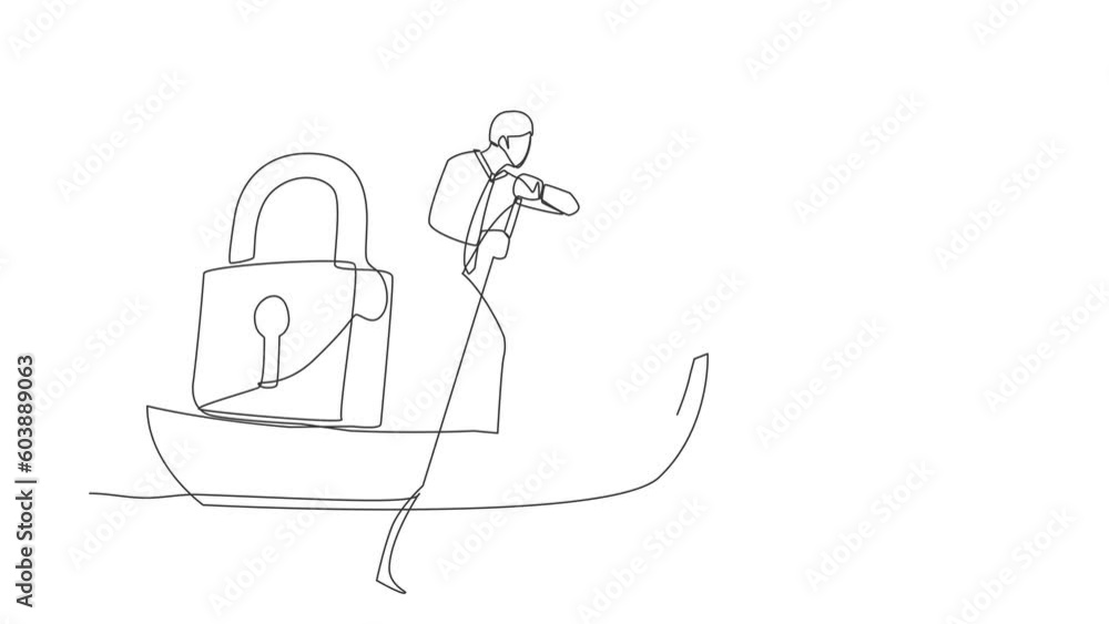 Poster self drawing animation of single one line draw businessman standing in boat sailing with padlock. sh