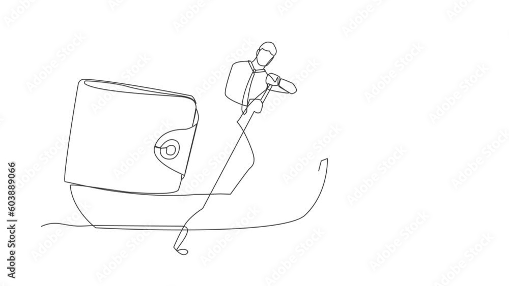 Aufkleber animated self drawing of continuous line draw businessman standing in boat and sailing with purse. m