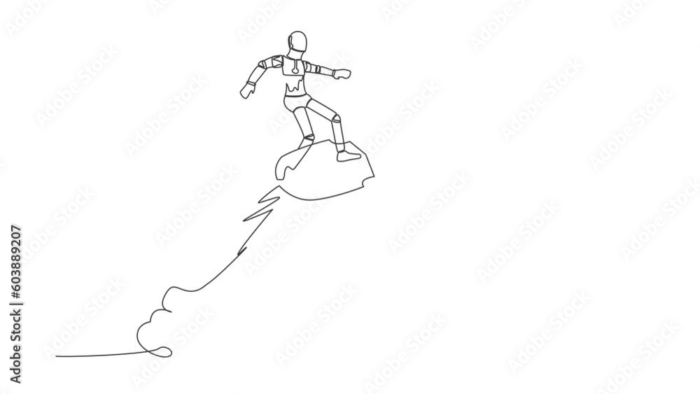 Poster animated self drawing of continuous line draw of robot riding shield rocket flying in the sky. tech 