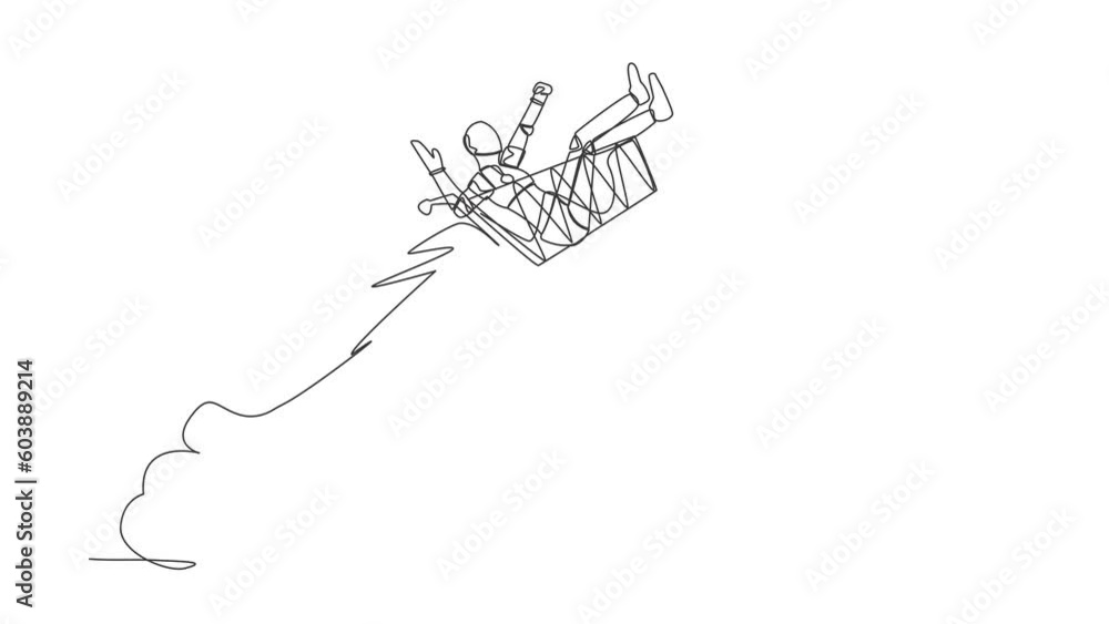 Poster self drawing animation of single line draw robot riding shopping trolley rocket flying in sky. artif