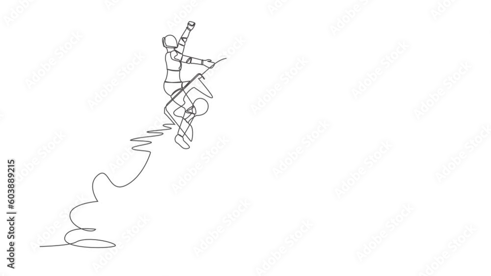 Poster self drawing animation of single line draw robot riding padlock rocket flying in sky. improve busine