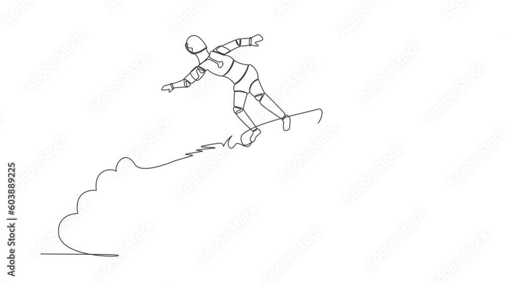 Poster animated self drawing of continuous line draw robot riding surfing board rocket flying in sky. futur