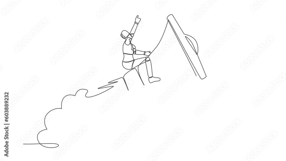 Poster animated self drawing of continuous line draw of robot riding megaphone rocket flying in sky. soft s