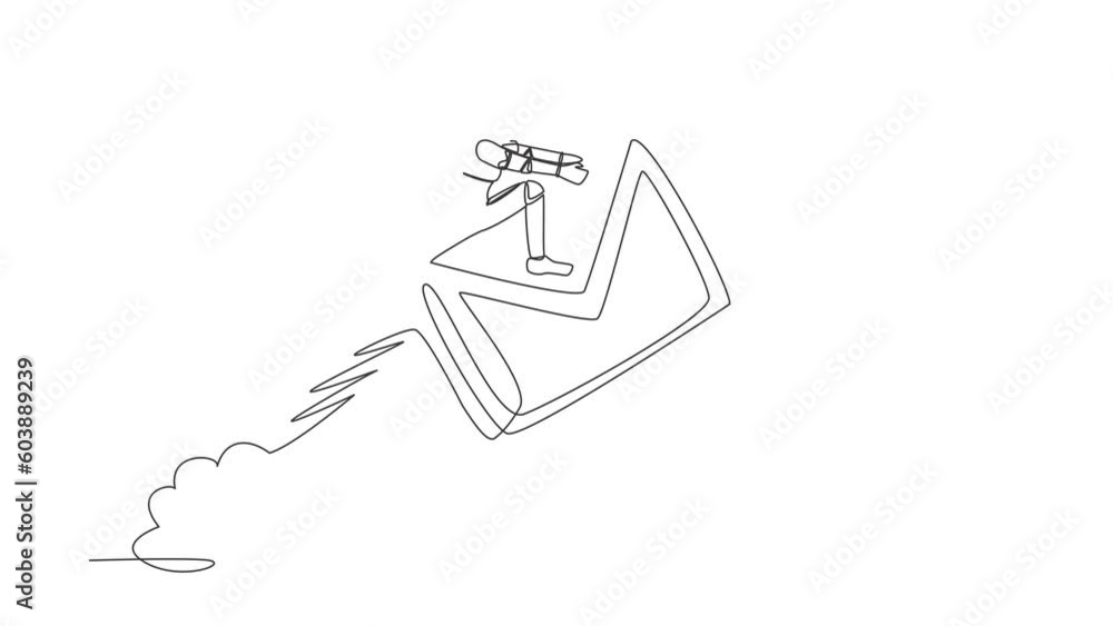 Poster self drawing animation of single line draw robot riding paper envelope rocket flying in sky. launch 